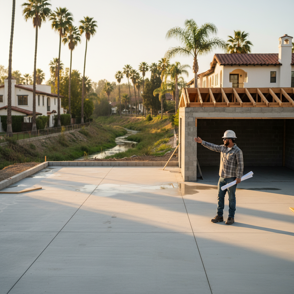 A contractor oversees a garage conversion in Riverside, standing on a new concrete foundation. This image illustrates the physical work involved in a Garage Conversion Permit and H