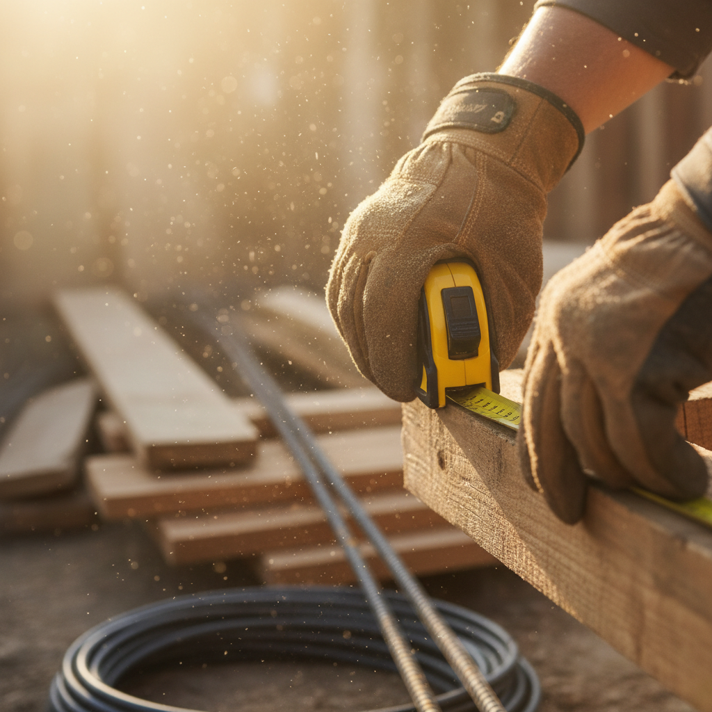 A construction worker's gloved hands measure a wooden beam, representing the detailed work and materials for a Garage Conversion Permit and HOA Guide for Riverside projects.