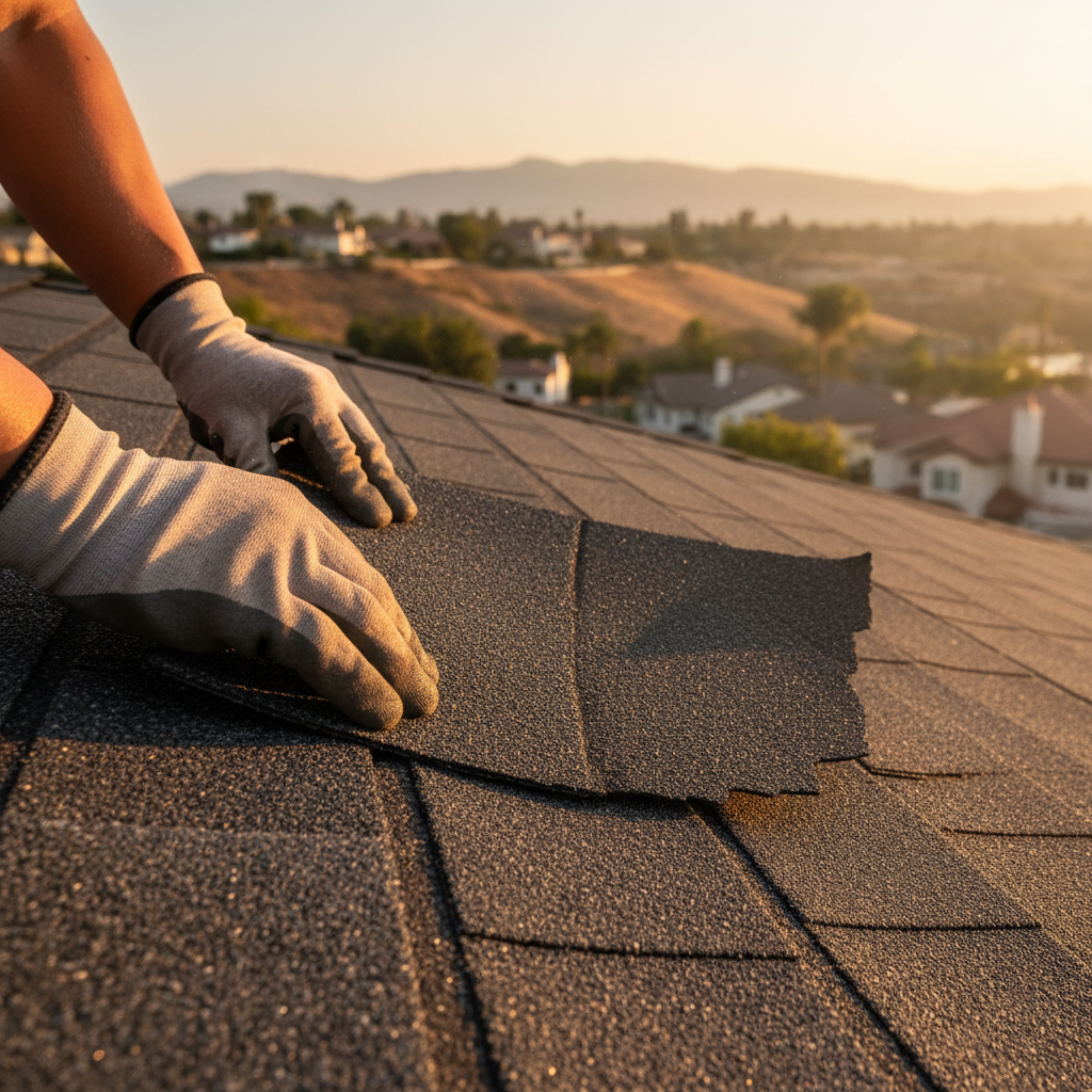 A contractor's hands installing fire-resistant roofing shingles, a key aspect of roofing and climate considerations in Chino Hills for durable homes.