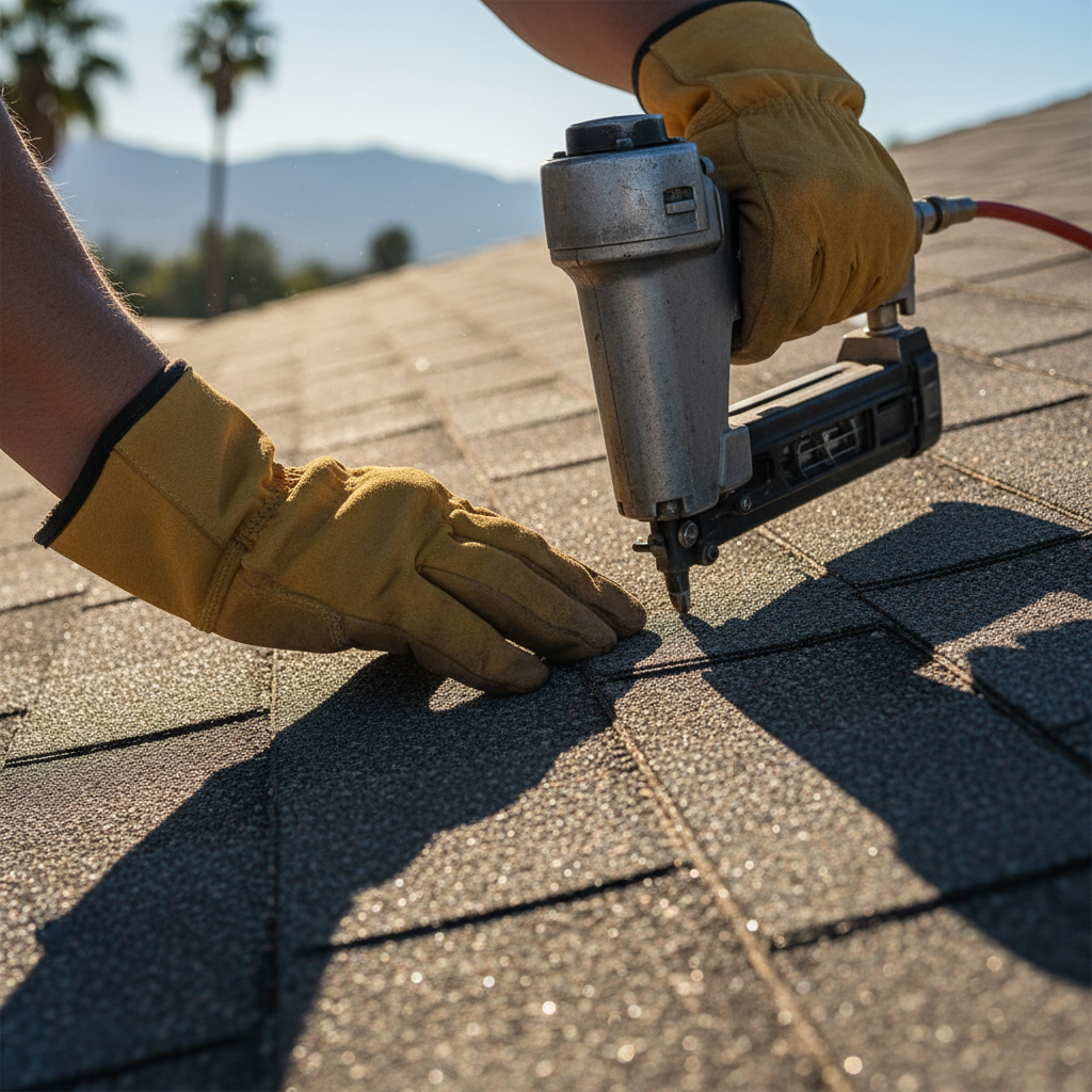 Close-up of a worker's hands installing a roofing shingle, highlighting the practical aspects of roofing and climate considerations in San Bernardino.