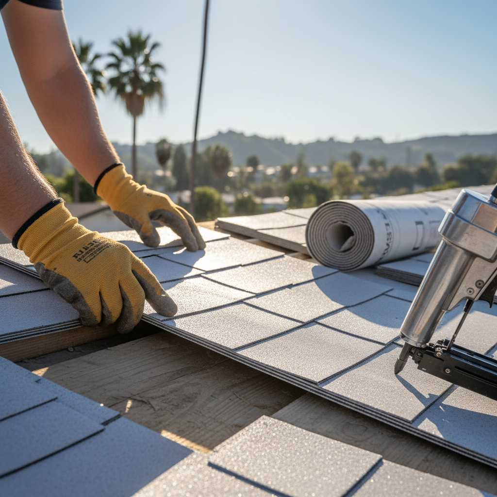 A worker's hands install a 'cool roof' shingle, demonstrating climate-appropriate roofing and climate considerations in Studio City.