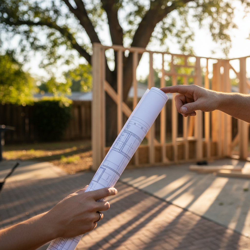 A homeowner and contractor discuss plans for a room addition, highlighting the planning and HOA guide for Riverside projects.