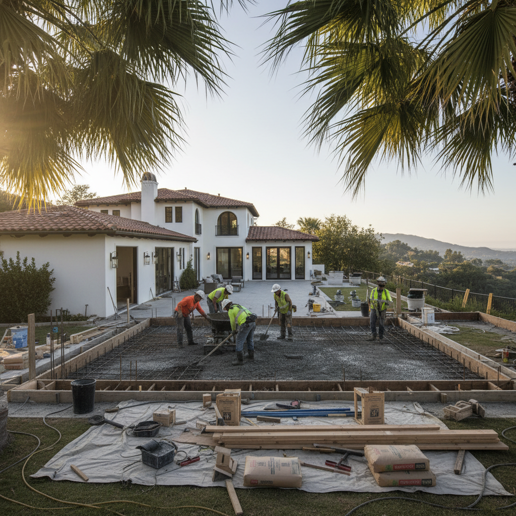 A wide shot of a room addition foundation being poured in Sherman Oaks, showcasing the early stages of construction and the need for a room addition permit.