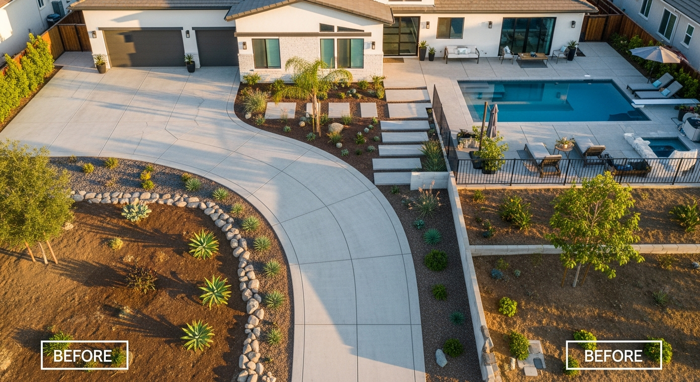 Newly finished concrete driveway leading to a modern San Bernardino home, showcasing the enhanced curb appeal and home value from a driveway replacement.