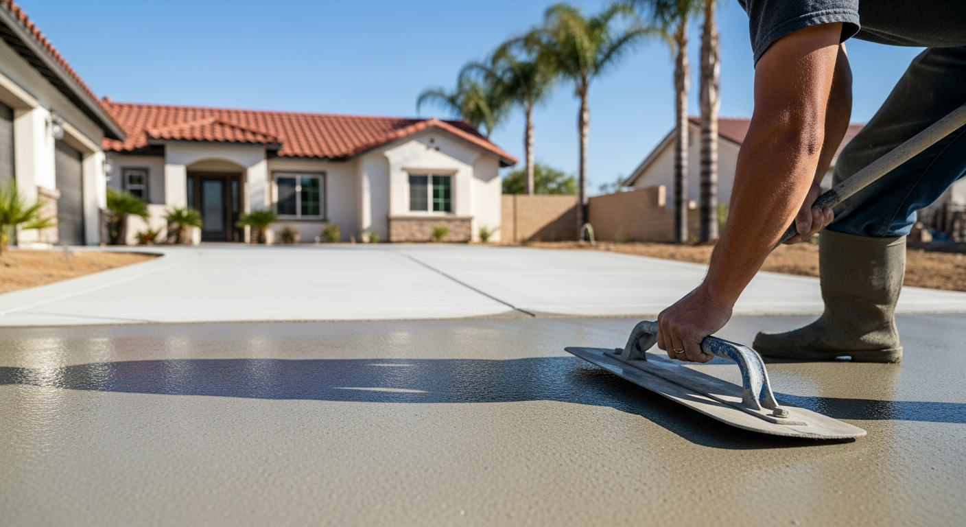 Concrete finisher smoothing a newly poured concrete driveway at a San Bernardino home, highlighting the quality of a driveway replacement and its ROI.