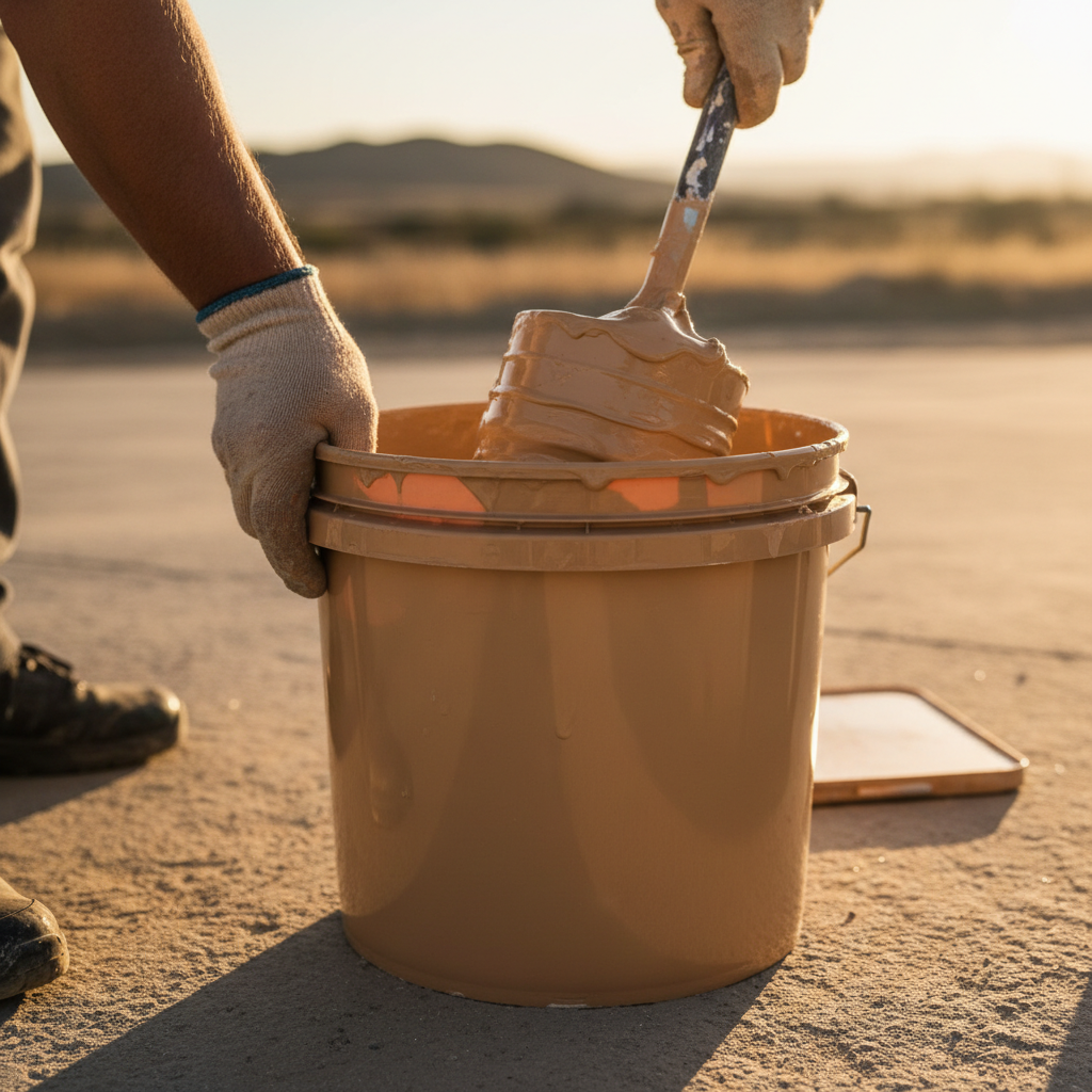 Contractor's hands mixing exterior paint, demonstrating crucial preparation for exterior painting and climate considerations in San Bernardino.