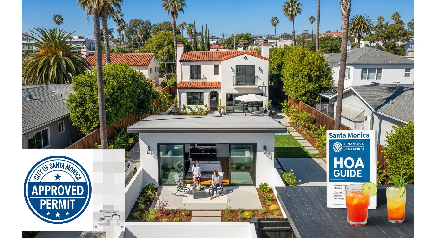 Completed Santa Monica garage conversion (ADU) with modern patio, integrated into a Mediterranean-style home's backyard with a pool, illustrating the successful outcome of navigating permits and HOA guidelines.