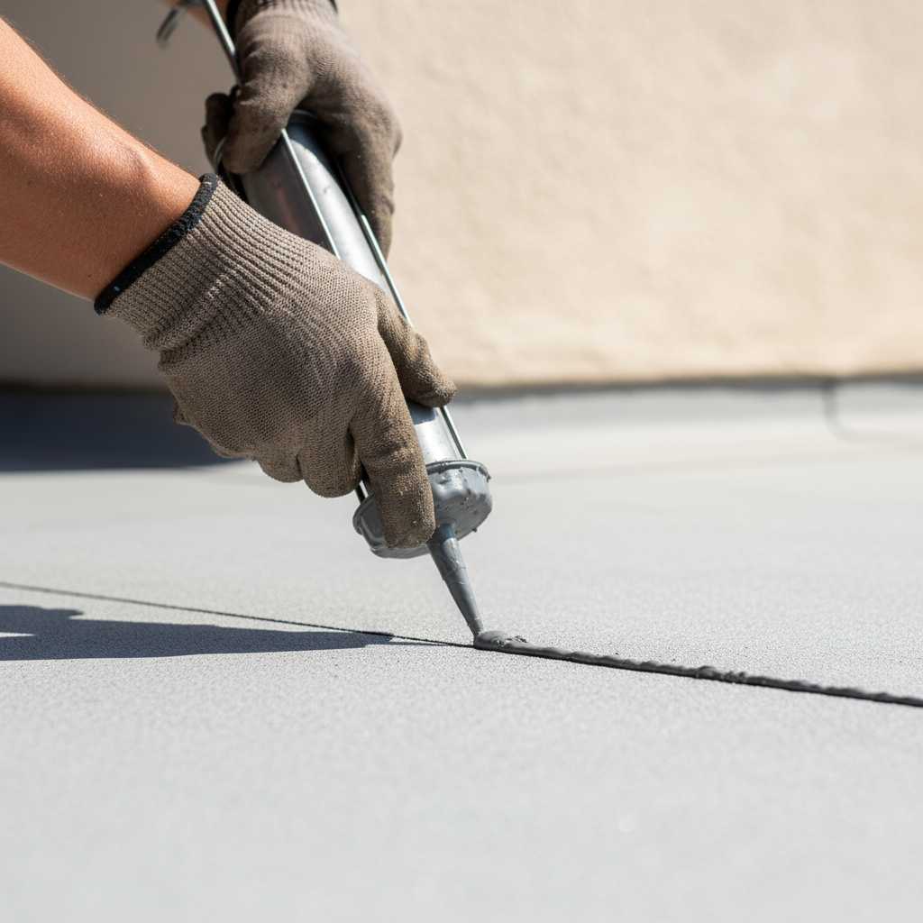 Close-up of a roofer's hands applying sealant to a modern roof, demonstrating attention to detail for roofing and climate considerations in Santa Monica.