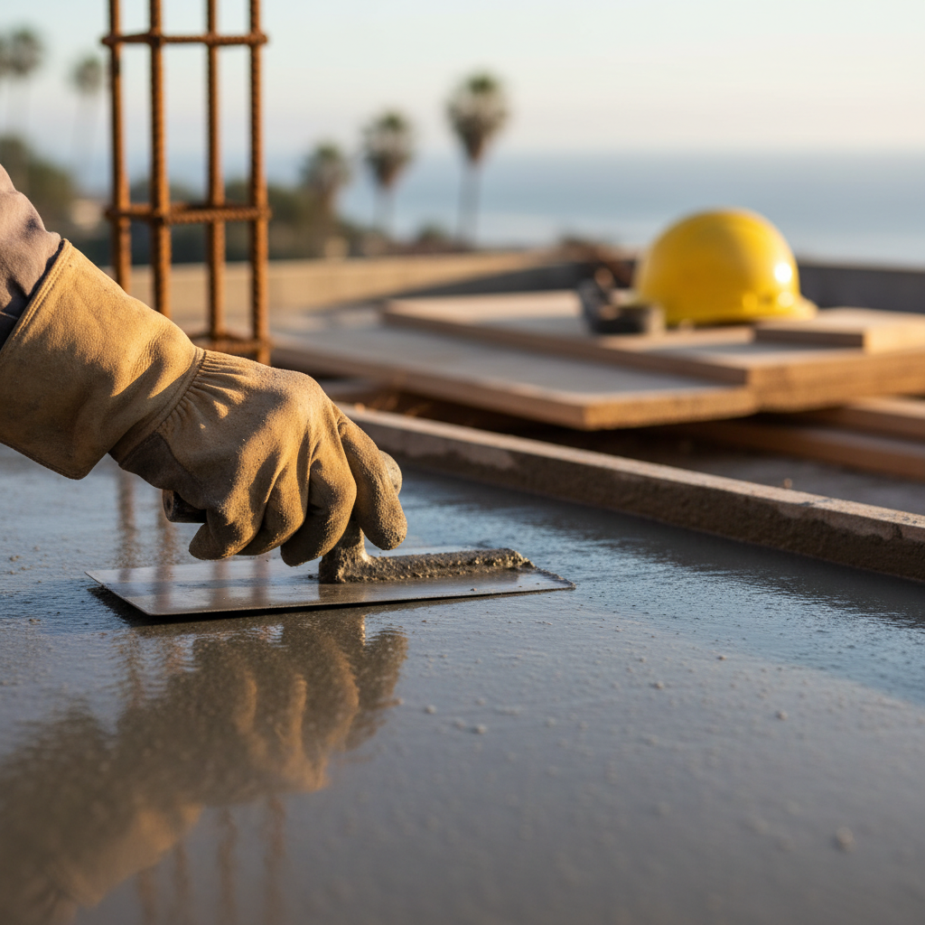 A close-up of a contractor's gloved hands using a trowel to level concrete, representing the detailed work for a room addition in Santa Monica. This image highlights the hands-on p