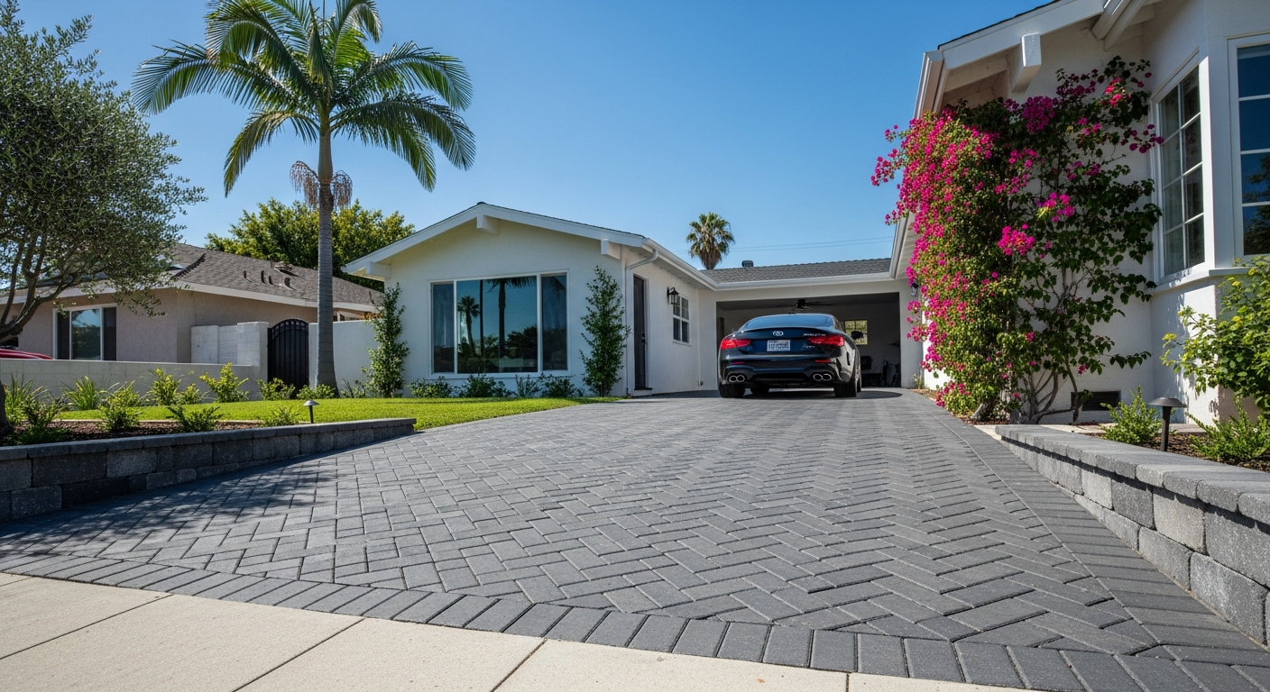 Finished paver driveway at a renovated Sherman Oaks home, enhancing curb appeal and illustrating the home value impact of driveway replacement.