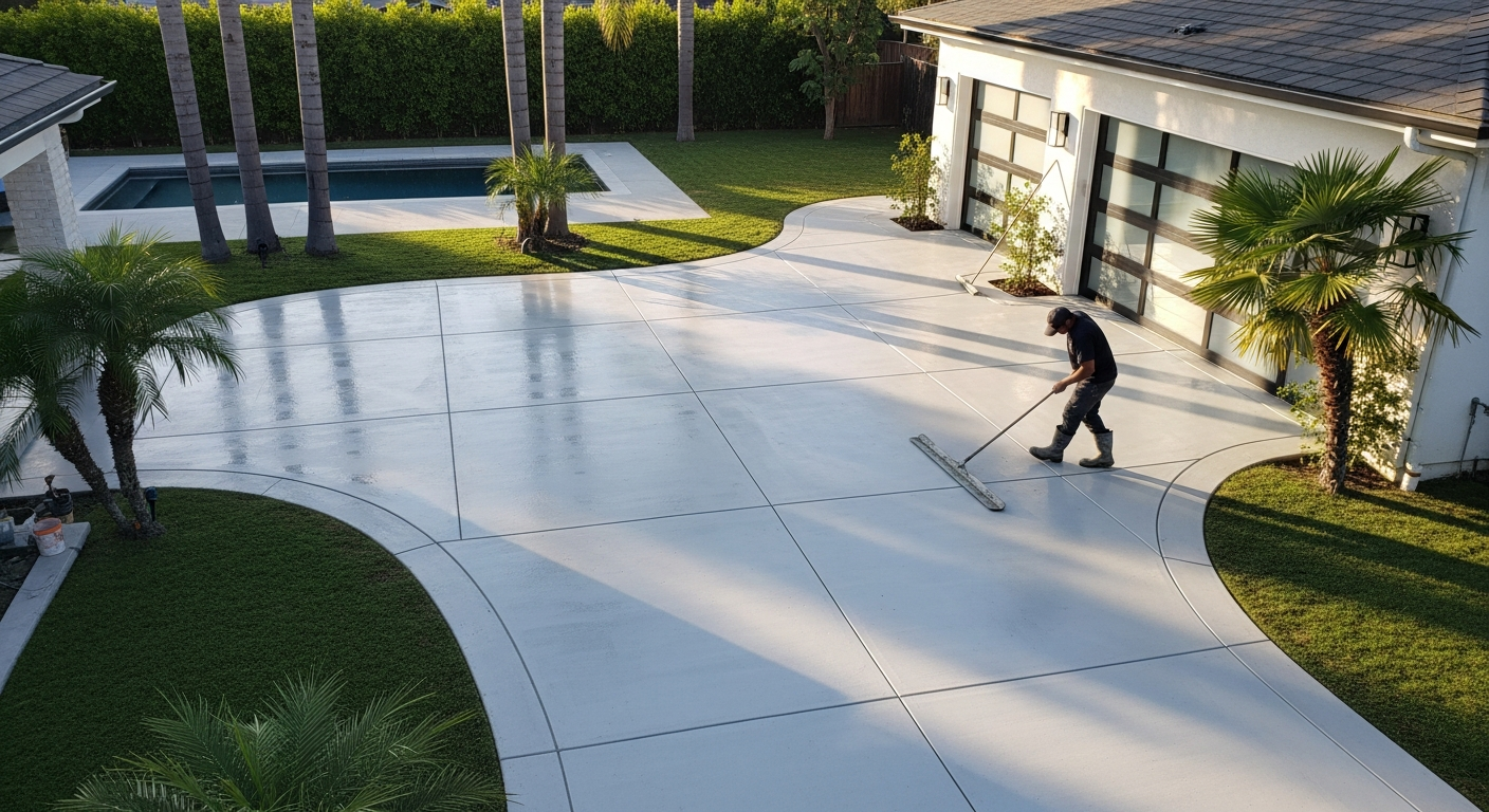 Newly poured concrete driveway being smoothed by a worker at a Sherman Oaks home, highlighting home value uplift from driveway replacement.