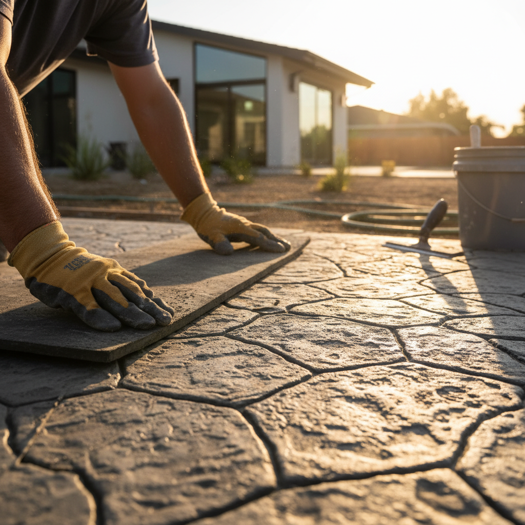 A close-up of a contractor's hands applying a texturing mat to wet concrete, demonstrating the detailed work involved in stamped concrete installation, relevant to the Stamped Conc