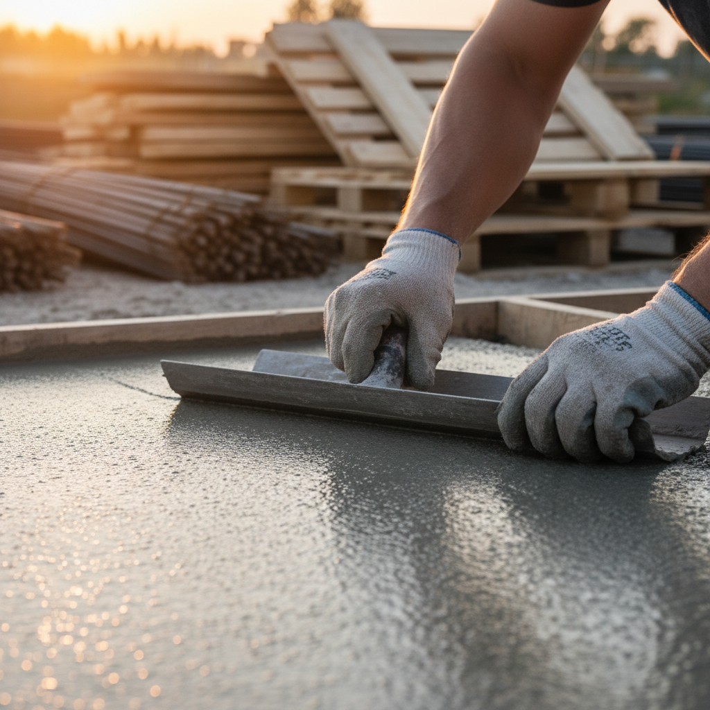 Close-up of a contractor's gloved hands leveling concrete for a room addition, a key step in obtaining a Room Addition Permit and HOA Guide for West Covina. Focus on the physical w