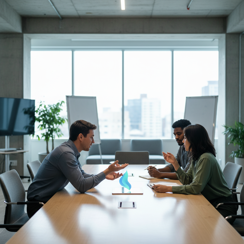 A diverse team of startup content marketers collaborates in a modern office, discussing content marketing for startups strategy around an abstract dashboard. Professional B2B edito
