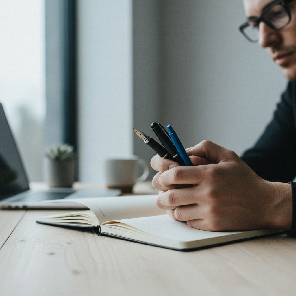 Close-up of hands with pens over a blank notebook, symbolizing the development of a lean content marketing for startups strategy. Professional B2B editorial photography in a remote