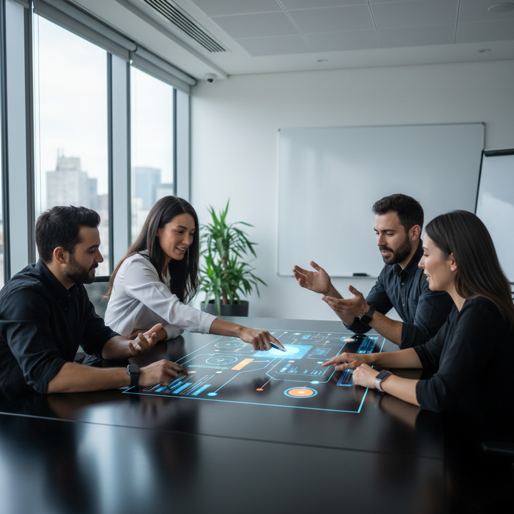 A professional B2B editorial photo showing a marketing team collaborating on a content strategy with measurable pipeline impact, hands gesturing over a blurred abstract dashboard i