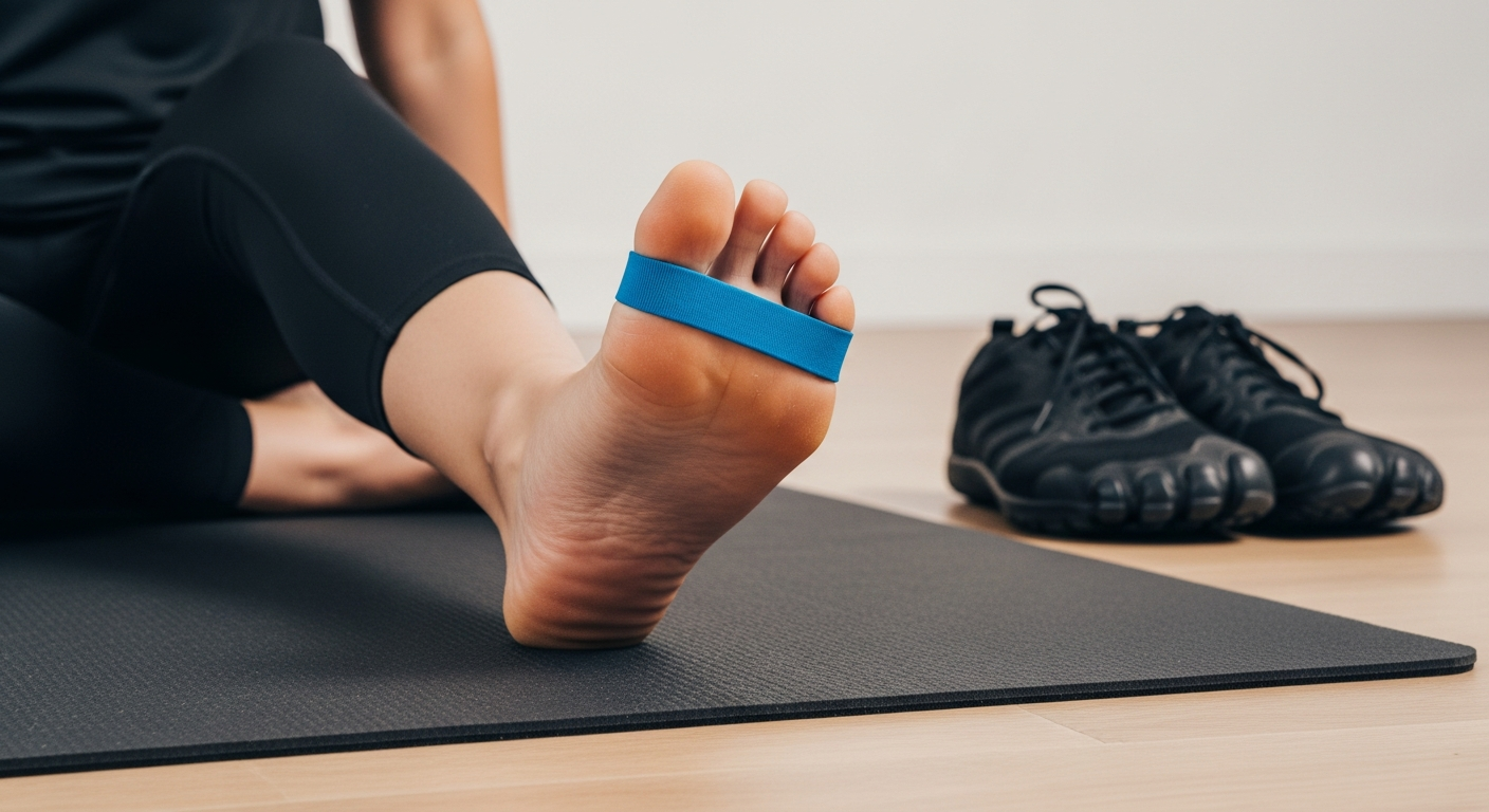 Person performing a toe splay exercise with a resistance band, showcasing foot strengthening exercises to pair with barefoot shoes.