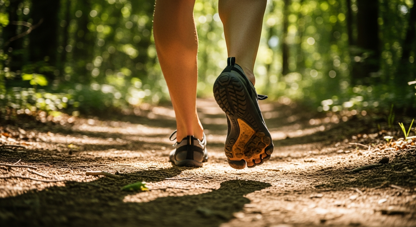 Person wearing barefoot trail running shoes on a forest path, demonstrating foot strengthening exercises to pair with barefoot shoes.