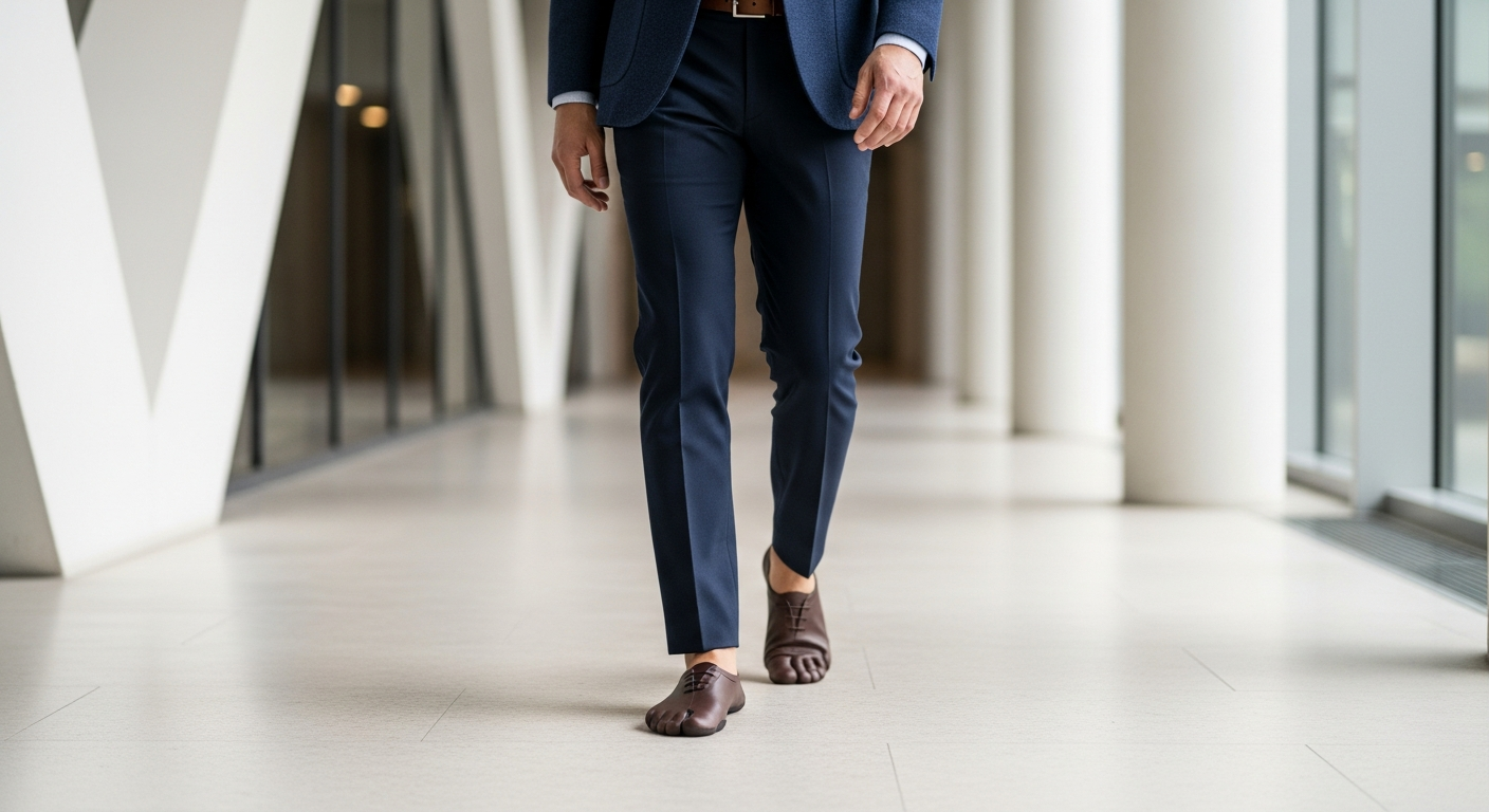 Professional in tailored business attire walking in a corporate hallway, showcasing dark brown barefoot dress shoes for an office professional look in 2026.