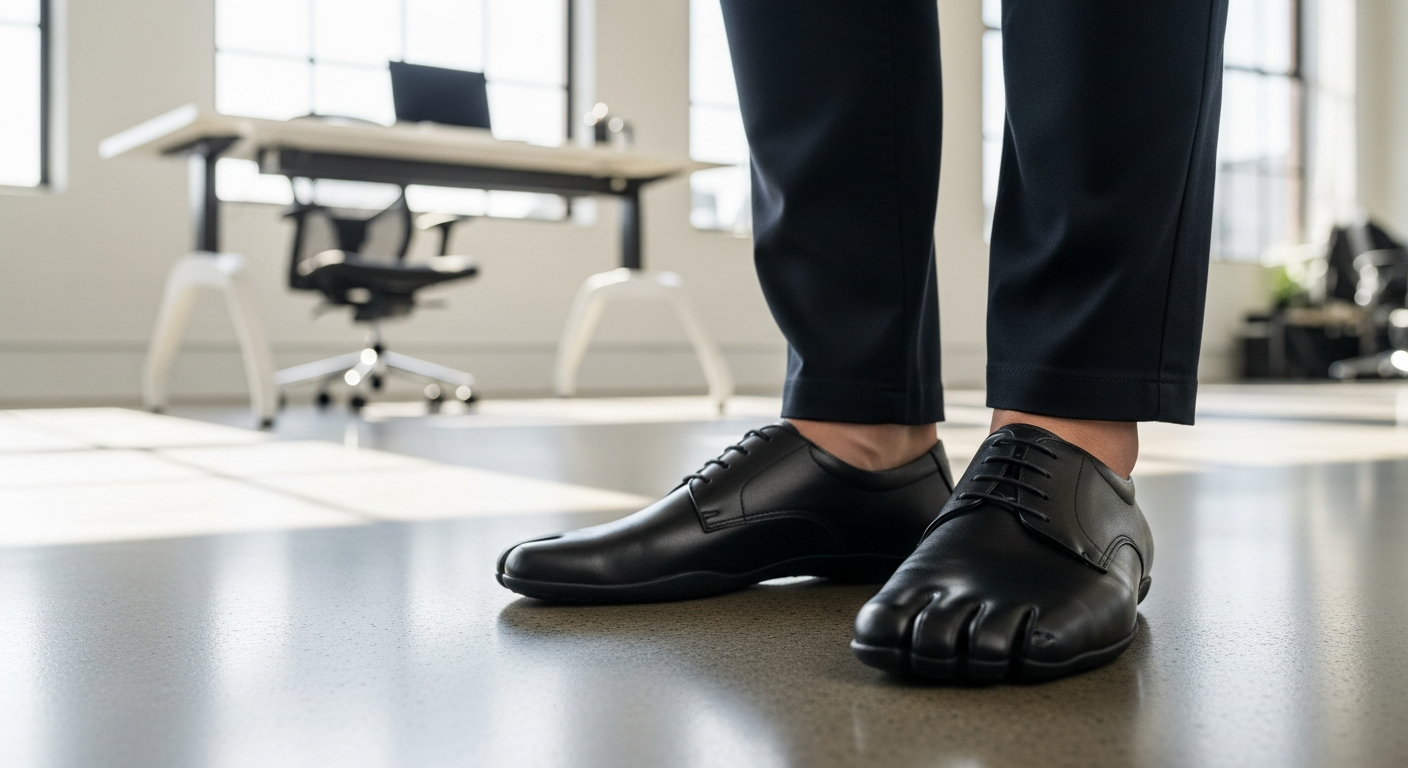 Close-up of black leather barefoot dress shoes on polished concrete in a modern office, highlighting the professional look for 2026.