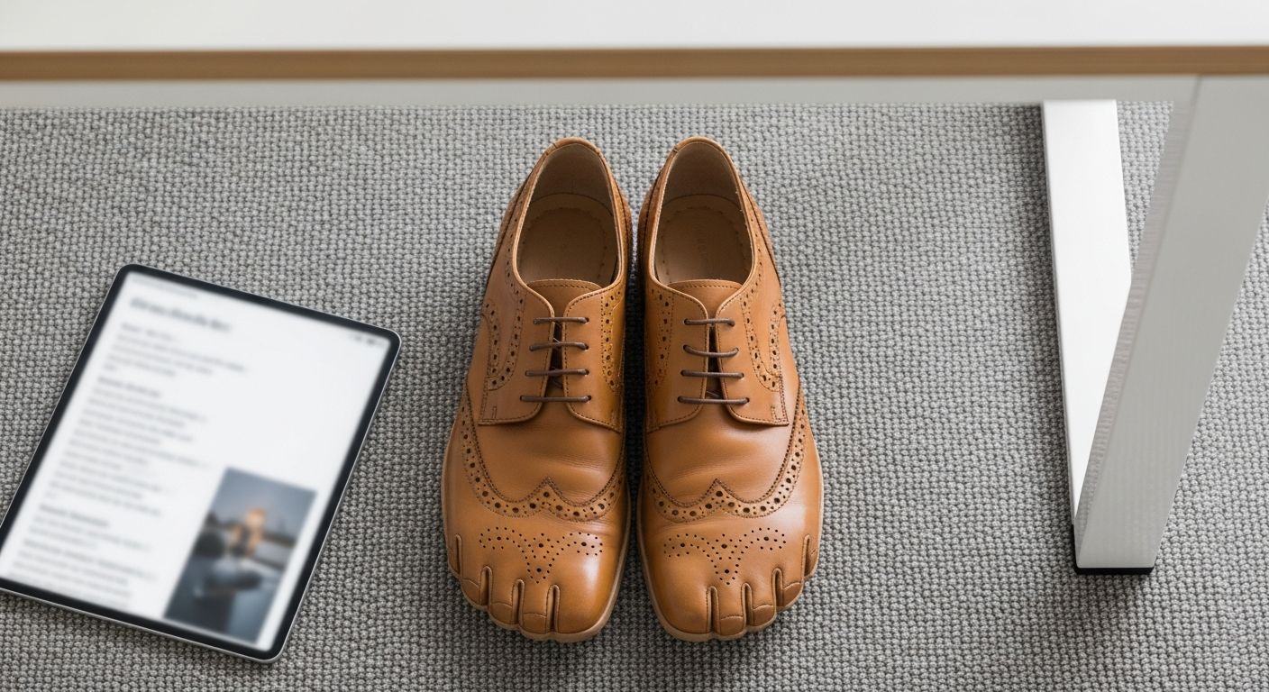 Overhead view of tan brogue-style barefoot dress shoes resting under a modern office desk, illustrating the comfort and professional look for 2026.