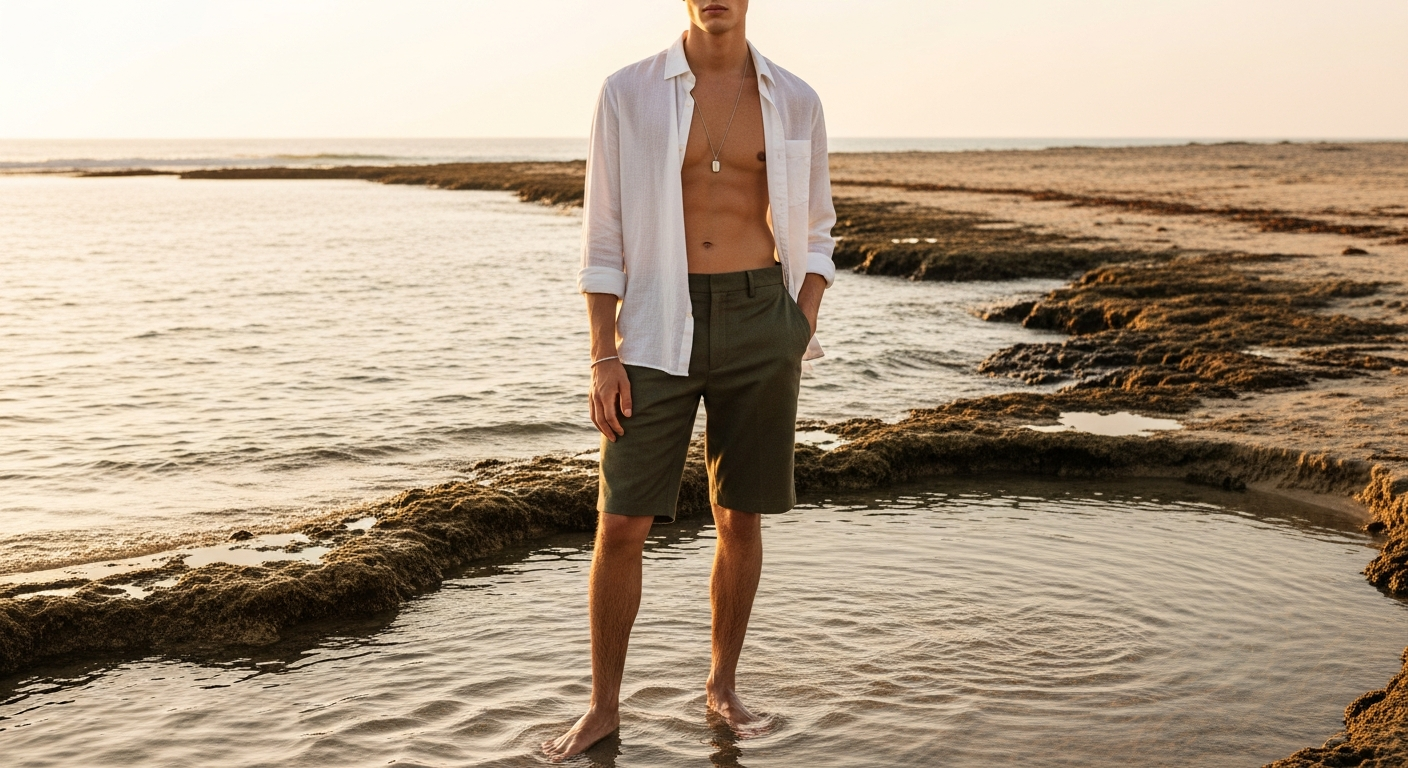 Man in linen shirt and shorts, bare feet in ocean, embodying barefoot fashion trends 2025 2026.
