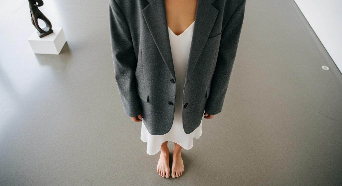 Woman's bare feet on concrete floor in art gallery, illustrating barefoot fashion trends 2025 2026.