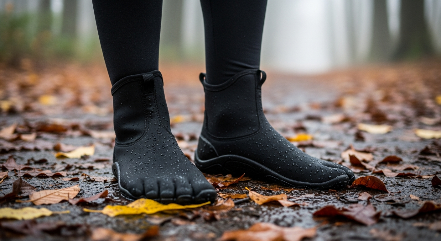 Barefoot shoes for winter and rain, showing a waterproof minimalist boot on a wet forest trail.