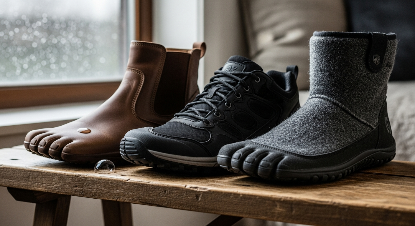 Different types of barefoot shoes for winter and rain, showcasing various materials and styles.