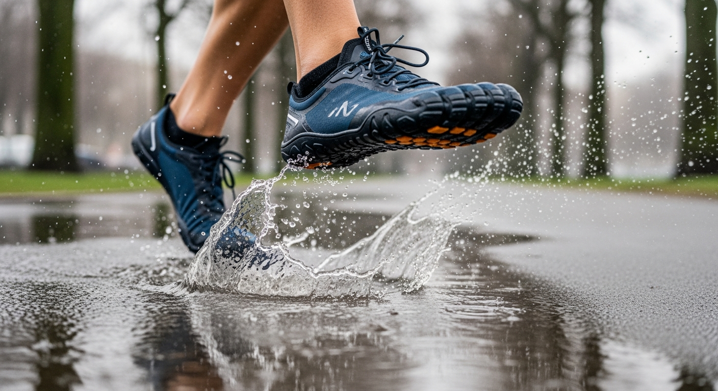 Barefoot shoes for rain, showing a person splashing through a puddle in minimalist waterproof trail runners.