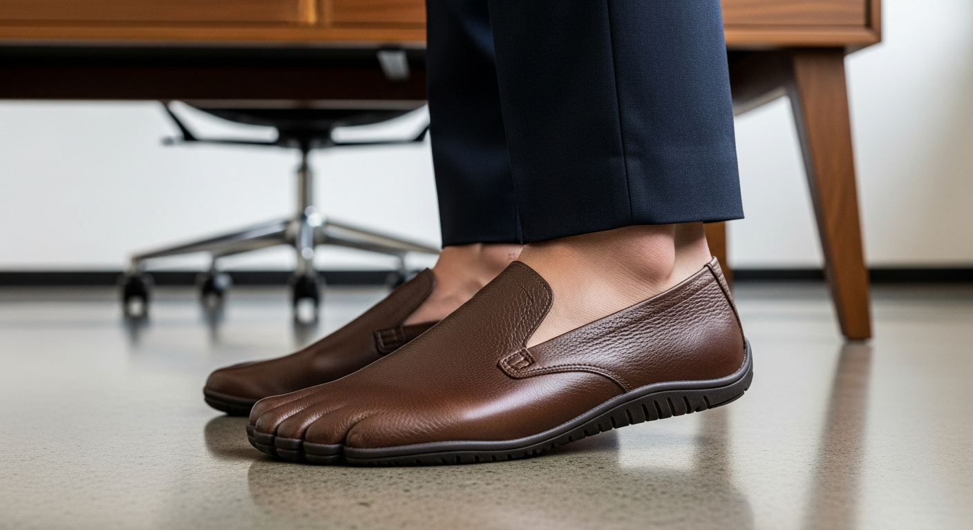 A person wearing dark brown leather barefoot dress shoes in a professional office setting, showcasing barefoot shoes that look like normal shoes for a 2026 style guide.