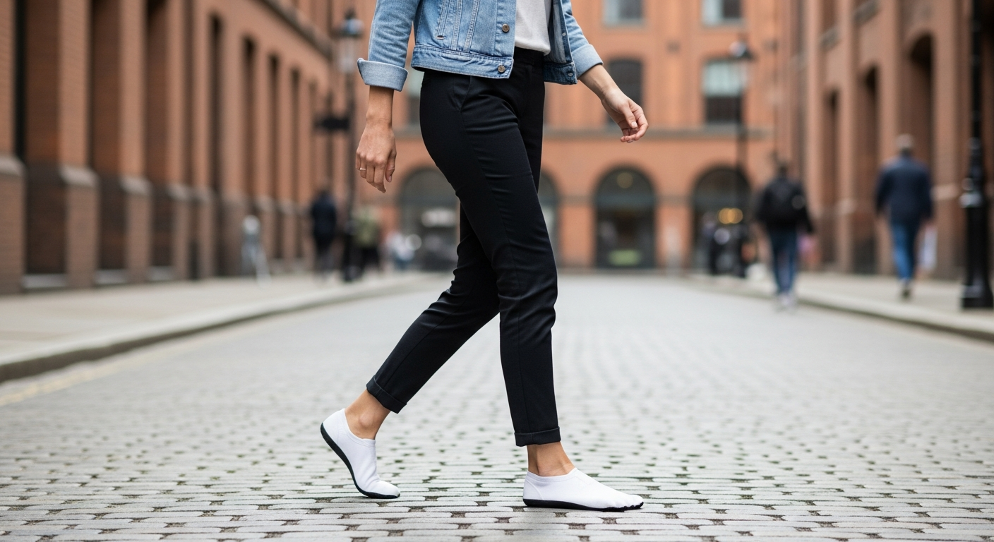 A woman walking on a cobblestone street in white canvas barefoot sneakers, demonstrating how barefoot shoes can look like normal shoes in a 2026 style guide.