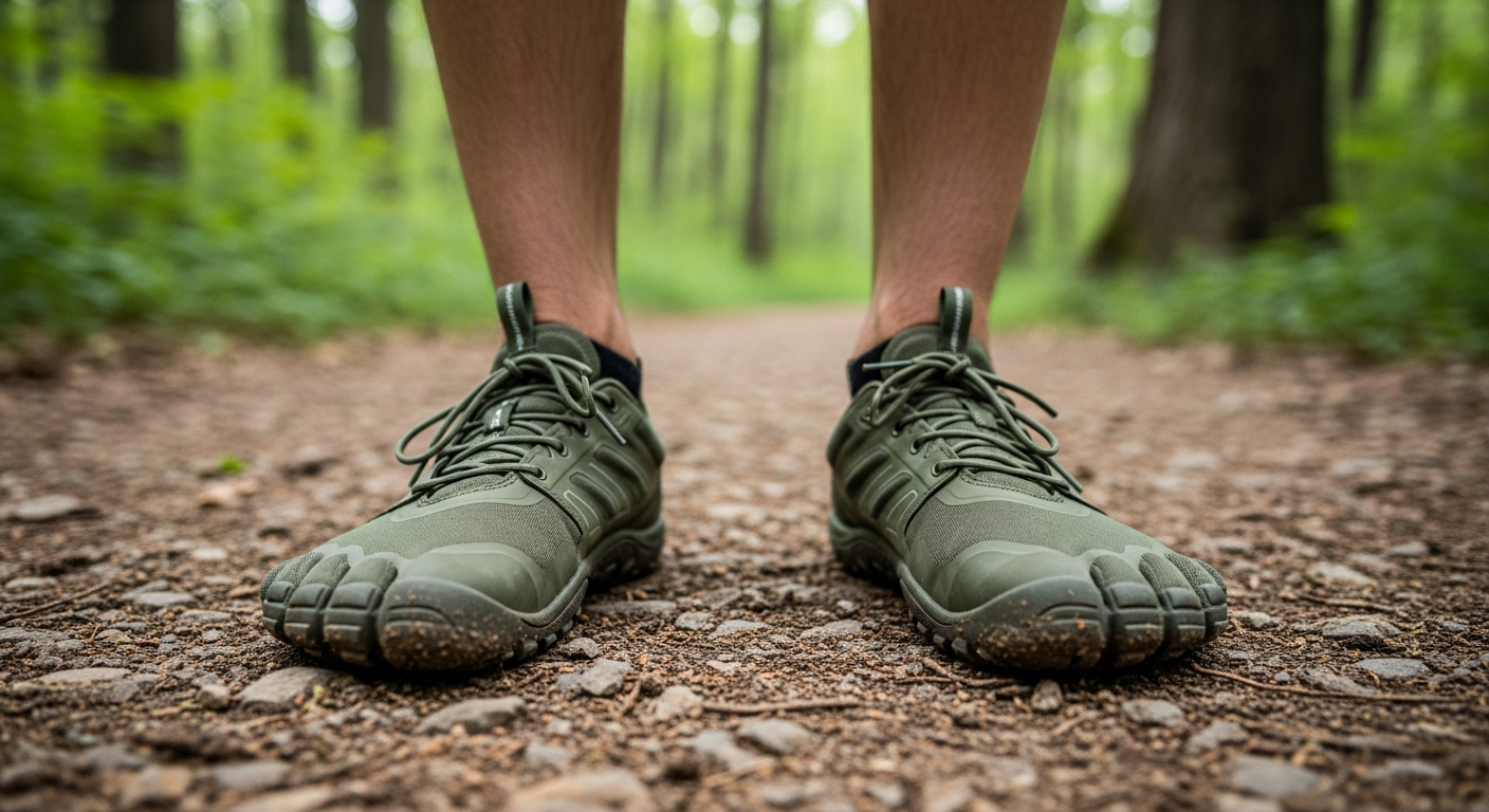 A man wearing olive green barefoot trail shoes on a hiking path, illustrating the integration of barefoot shoes into normal outdoor styles for a 2026 style guide.