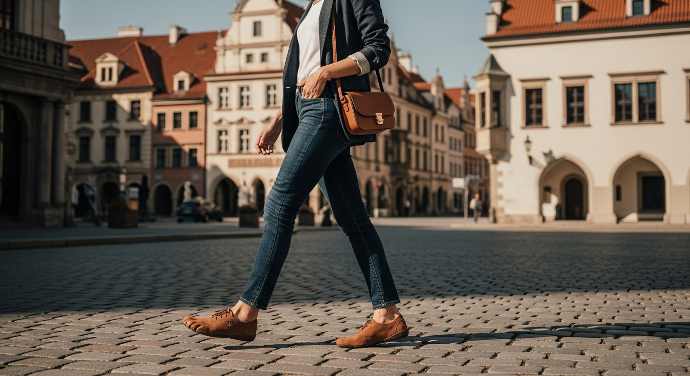 Woman in casual attire walking on cobblestones, wearing light brown suede barefoot sneakers that look like normal shoes, for a barefoot shoes style guide.