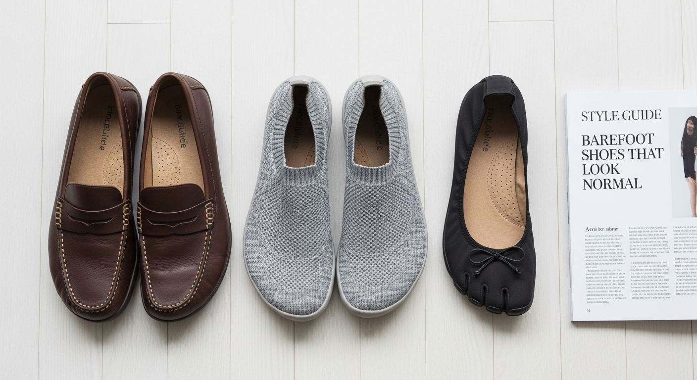 Overhead view of three different styles of barefoot shoes (loafers, sneakers, ballet flats) on a wooden floor, demonstrating barefoot shoes that look like normal shoes style guide.
