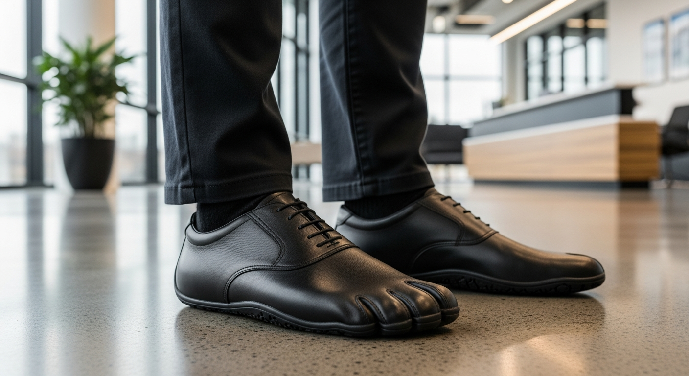 Person wearing black leather barefoot dress shoes in a modern office, showcasing barefoot shoes that look like normal shoes style guide.