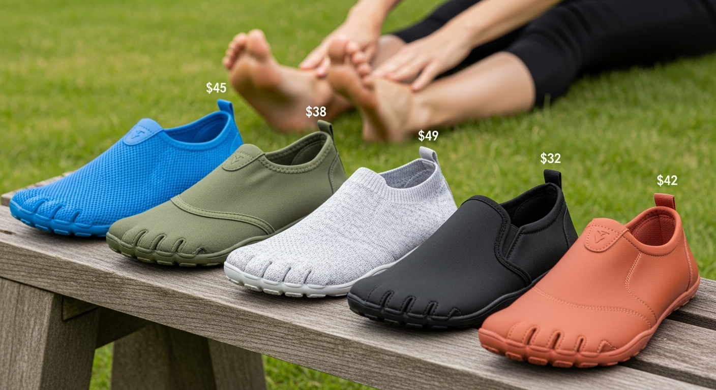 Assortment of five colorful barefoot shoes under $50 on a wooden bench, showcasing best budget picks for foot health in 2026.