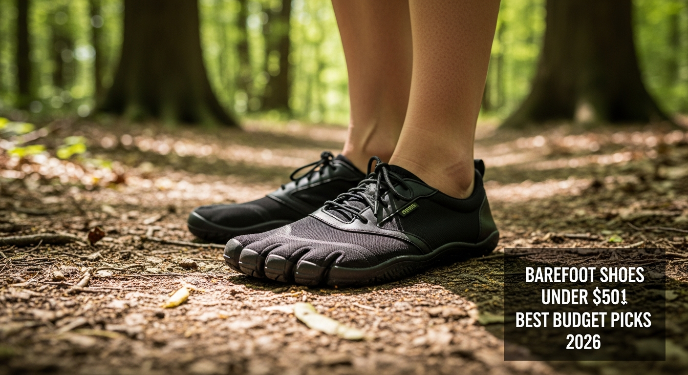 Close-up of black barefoot shoes on a forest trail, highlighting budget-friendly minimalist footwear for foot health.