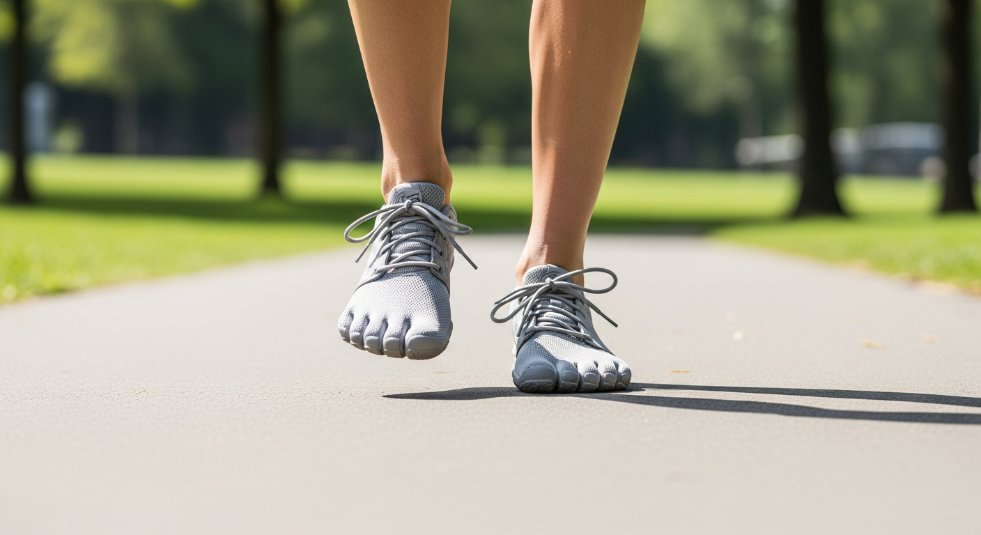 Person walking in grey barefoot sneakers on a park path, demonstrating the natural movement and comfort of budget minimalist shoes.
