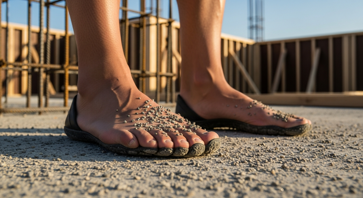Barefoot steel toe boots on a construction site, emphasizing natural foot movement