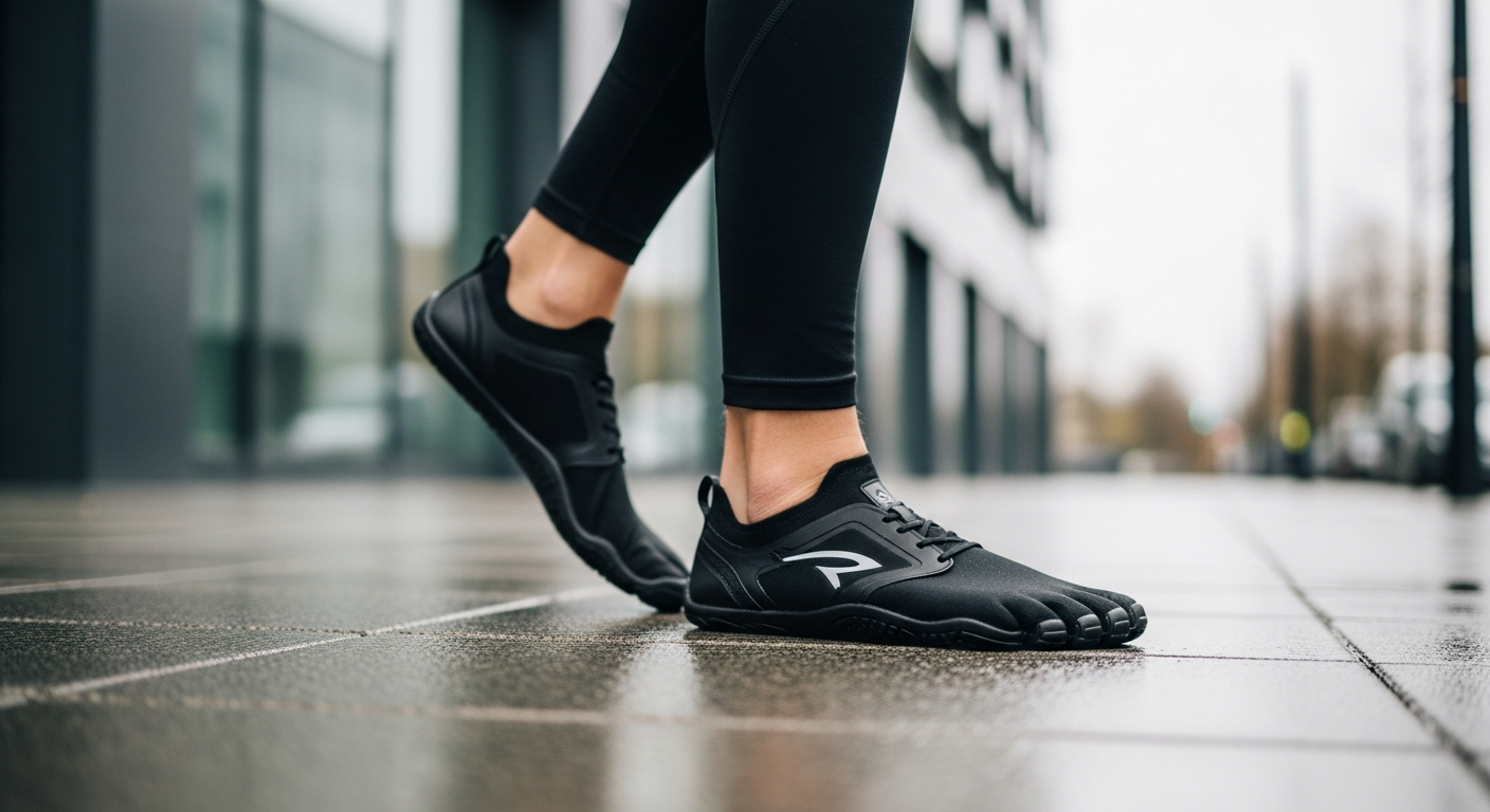 Person wearing black minimalist barefoot shoes walking on a wet city sidewalk, showcasing best barefoot shoes for city walking and commuting.
