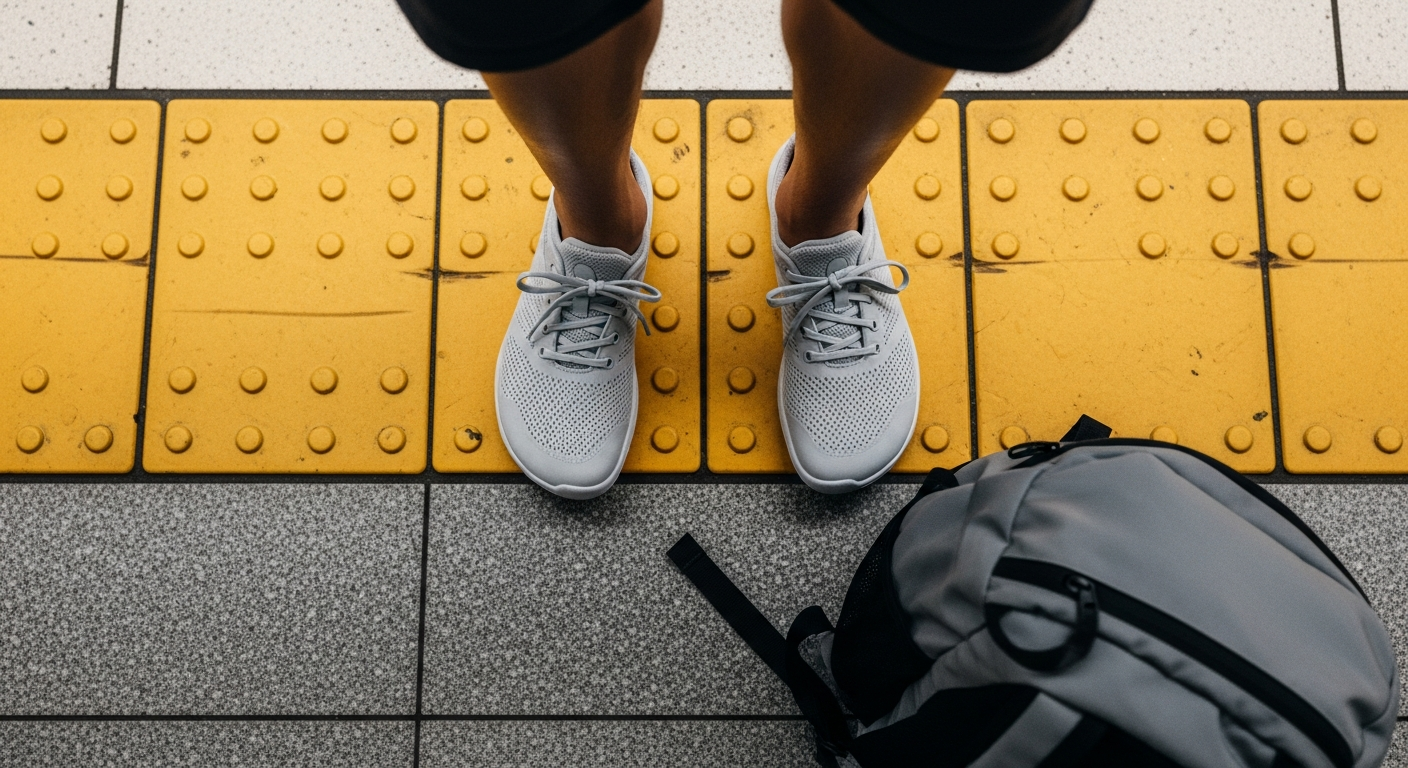 Overhead view of feet in light grey barefoot sneakers on a subway platform, ideal for best barefoot shoes for city walking and commuting.
