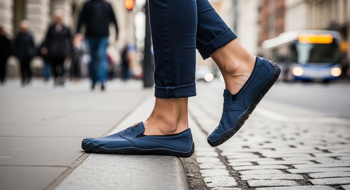 Person in dark blue barefoot loafers stepping onto a cobblestone street, demonstrating best barefoot shoes for city walking and commuting.