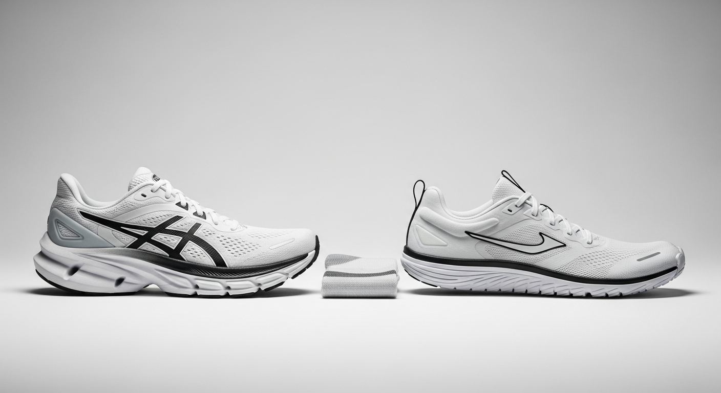 Comparison of cushioned vs minimalist neutral running shoes on a studio background for a 2026 article.