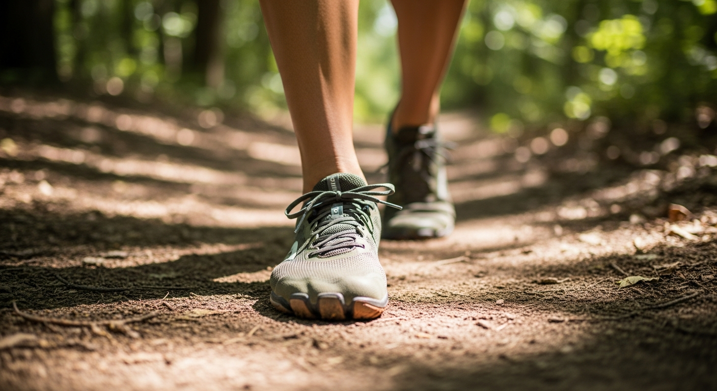 Runner's feet in minimalist neutral running shoes on a dirt trail, illustrating the connection to the ground for a 2026 comparison.