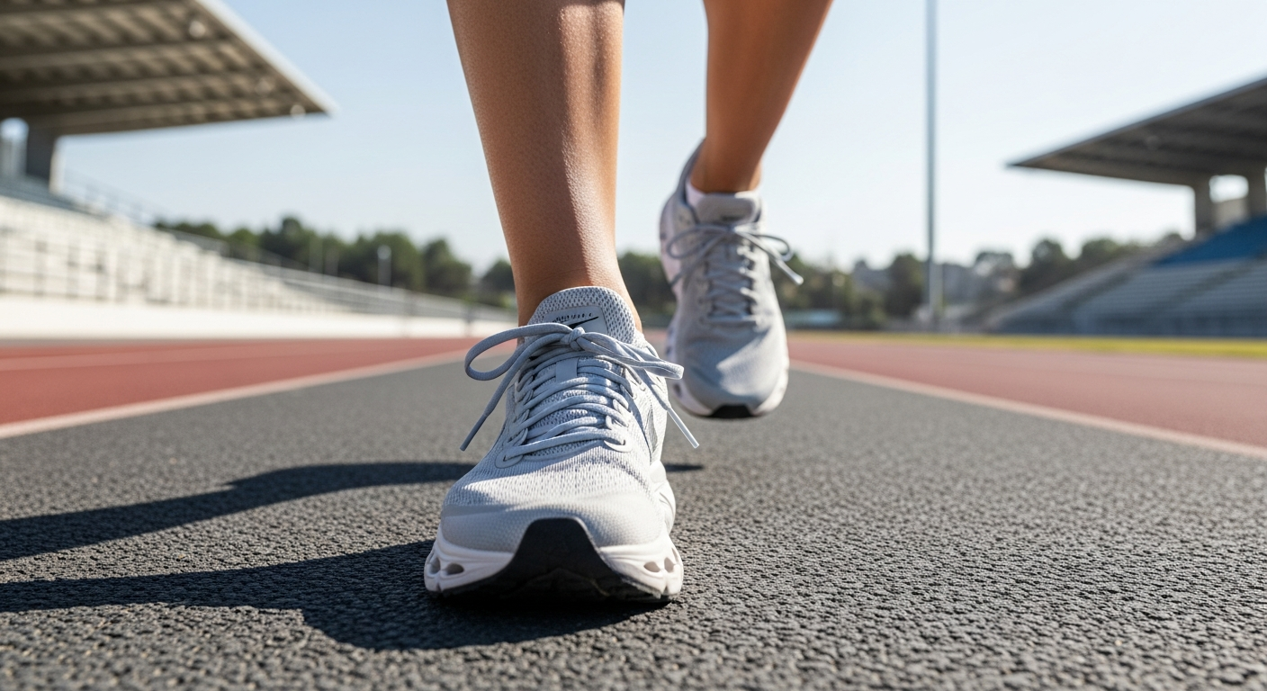 Runner's feet in cushioned neutral running shoes on an asphalt track, showcasing impact absorption for a 2026 comparison.