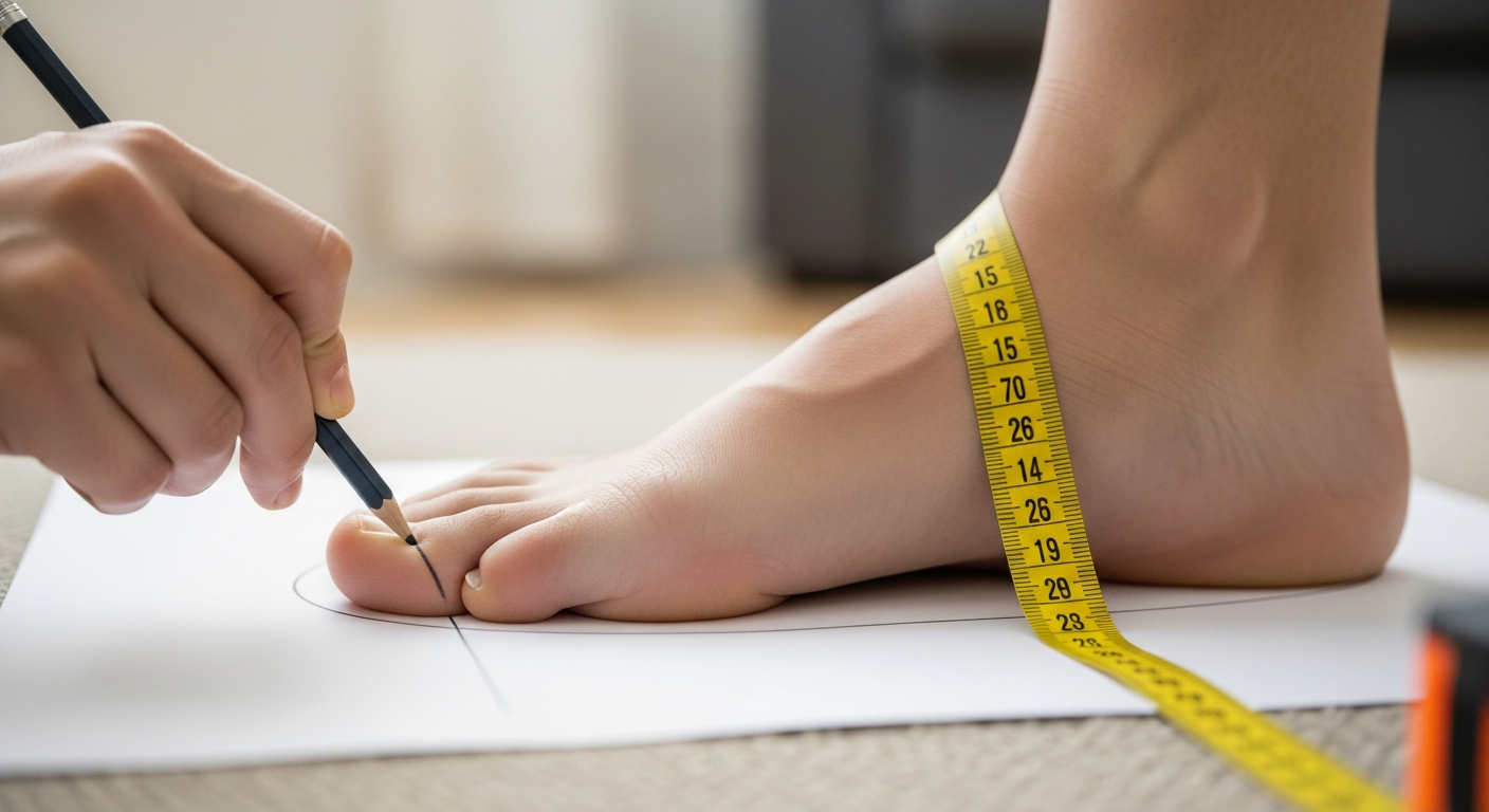 Person tracing their foot on paper to choose barefoot shoe size correctly.