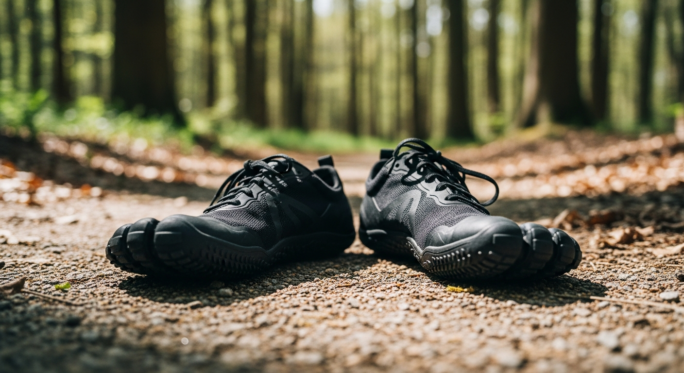 Close-up of lightweight barefoot running shoes under 200 grams on a forest trail