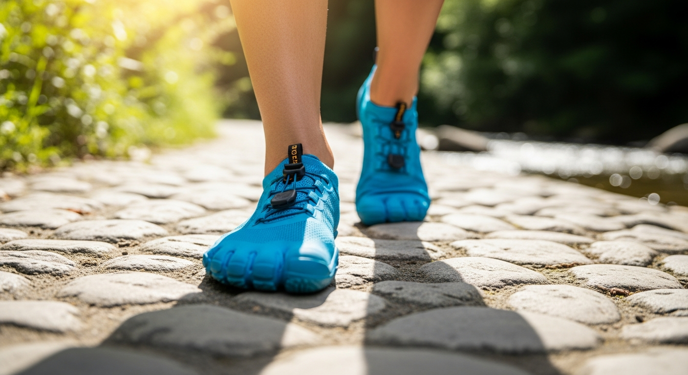 Person wearing lightweight barefoot hiking shoes under 200 grams on a river stone path