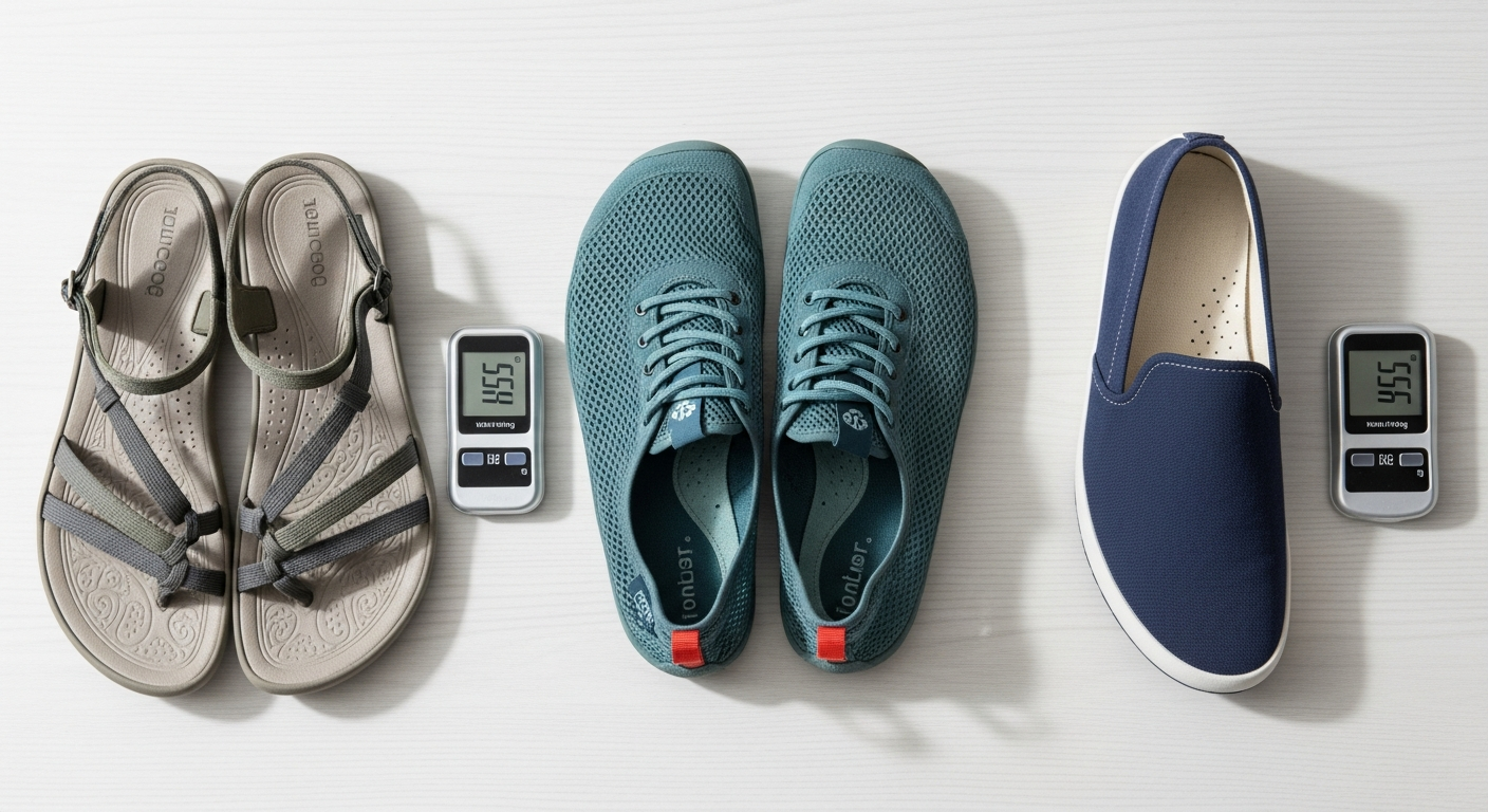 Flat lay of three pairs of lightweight barefoot shoes under 200 grams with visible weights